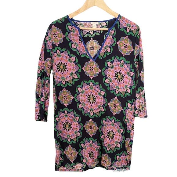 J. Crew Gauzy Cotton Tunic Navy Blue Pink Green Medallion Size Small - Picture 1 of 5